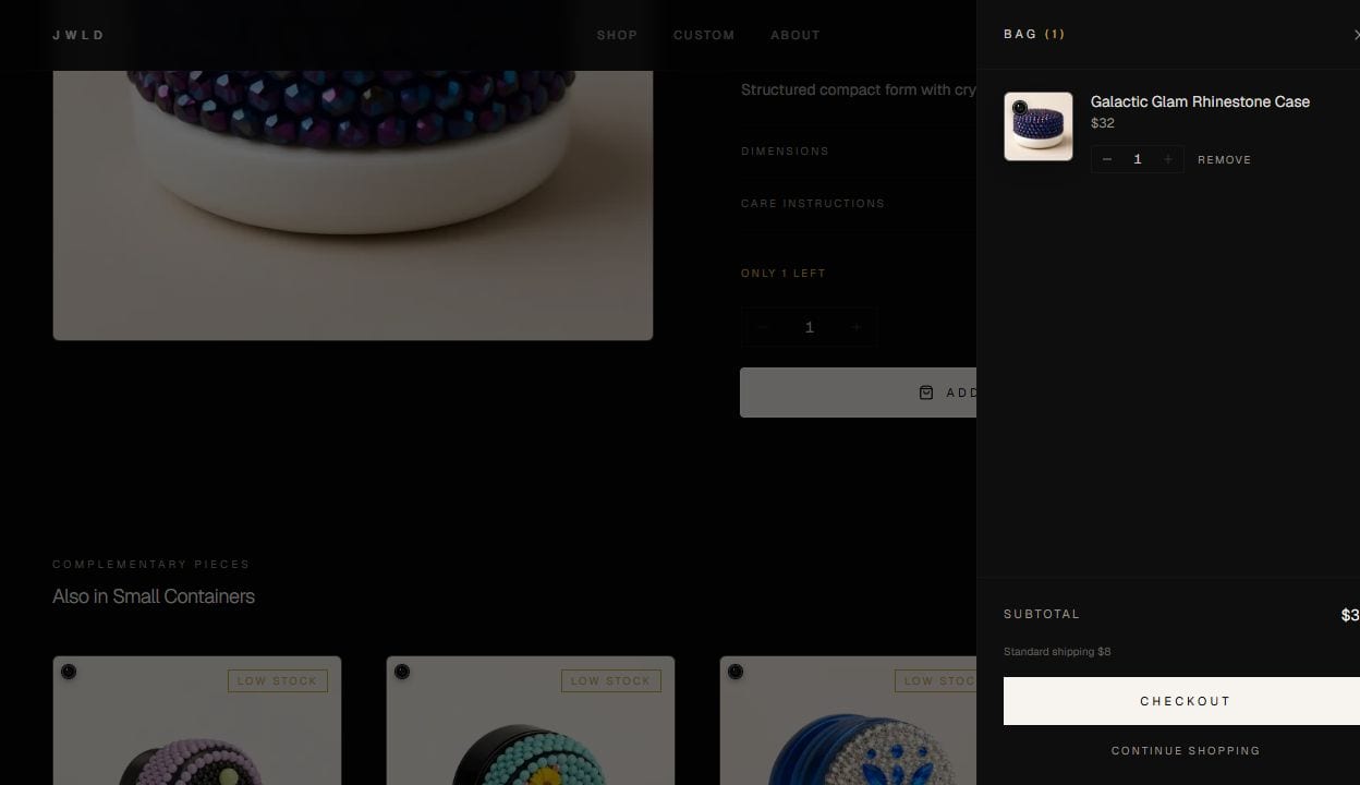 jwld.store shopping bag drawer showing selected item, subtotal price, and checkout button