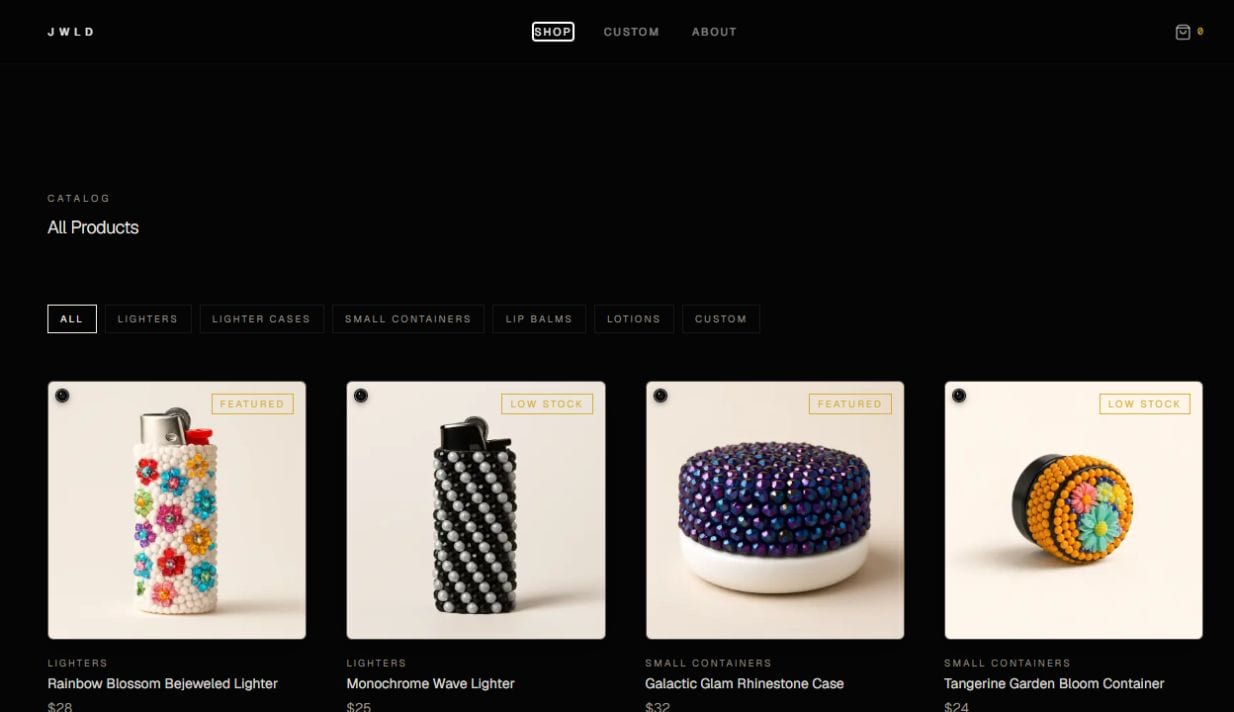 jwld.store collection catalog displaying product grid with pricing and category filters