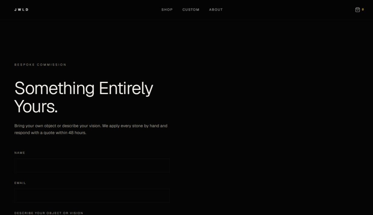 jwld.store custom commission introduction page outlining design steps and options