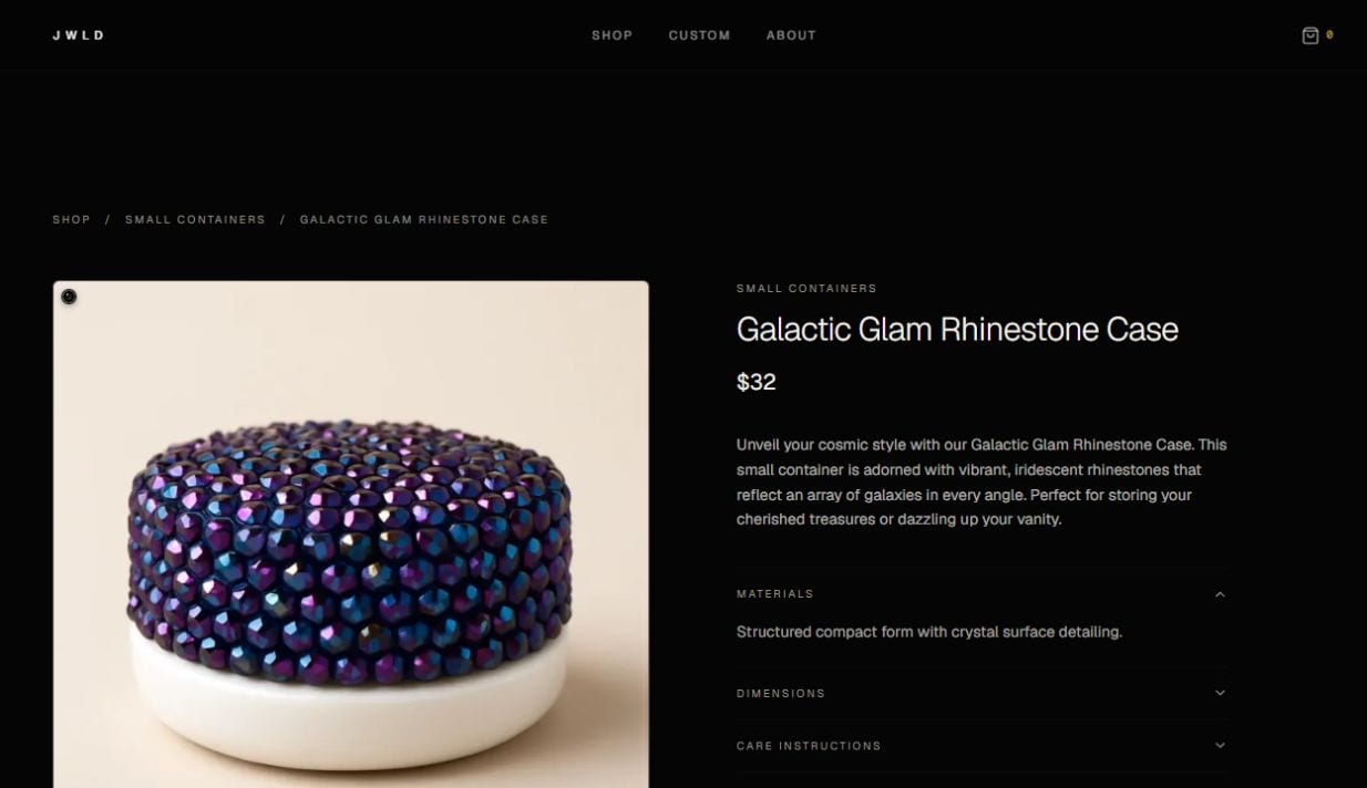 jwld.store Galactic Glam product detail page showing piece photography, pricing, and add to bag button