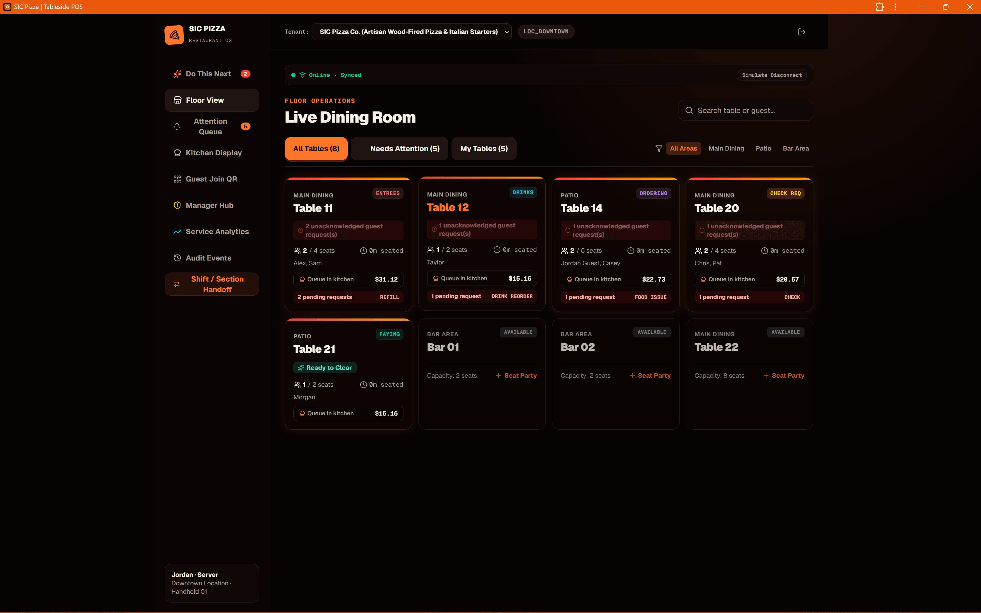 SIC Pizza POS interactive floor layout showing active table states, guest counts, and server assignments