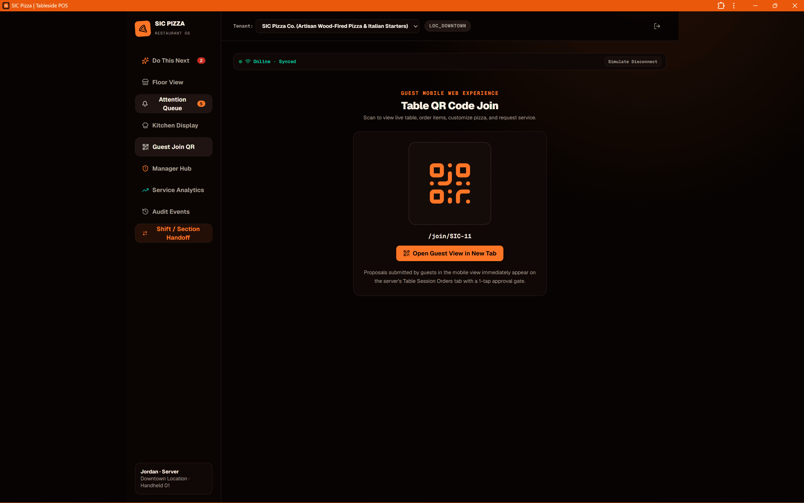 SIC Pizza POS guest mobile interface displaying pizza customization, shared table tab, and proposal approval flow