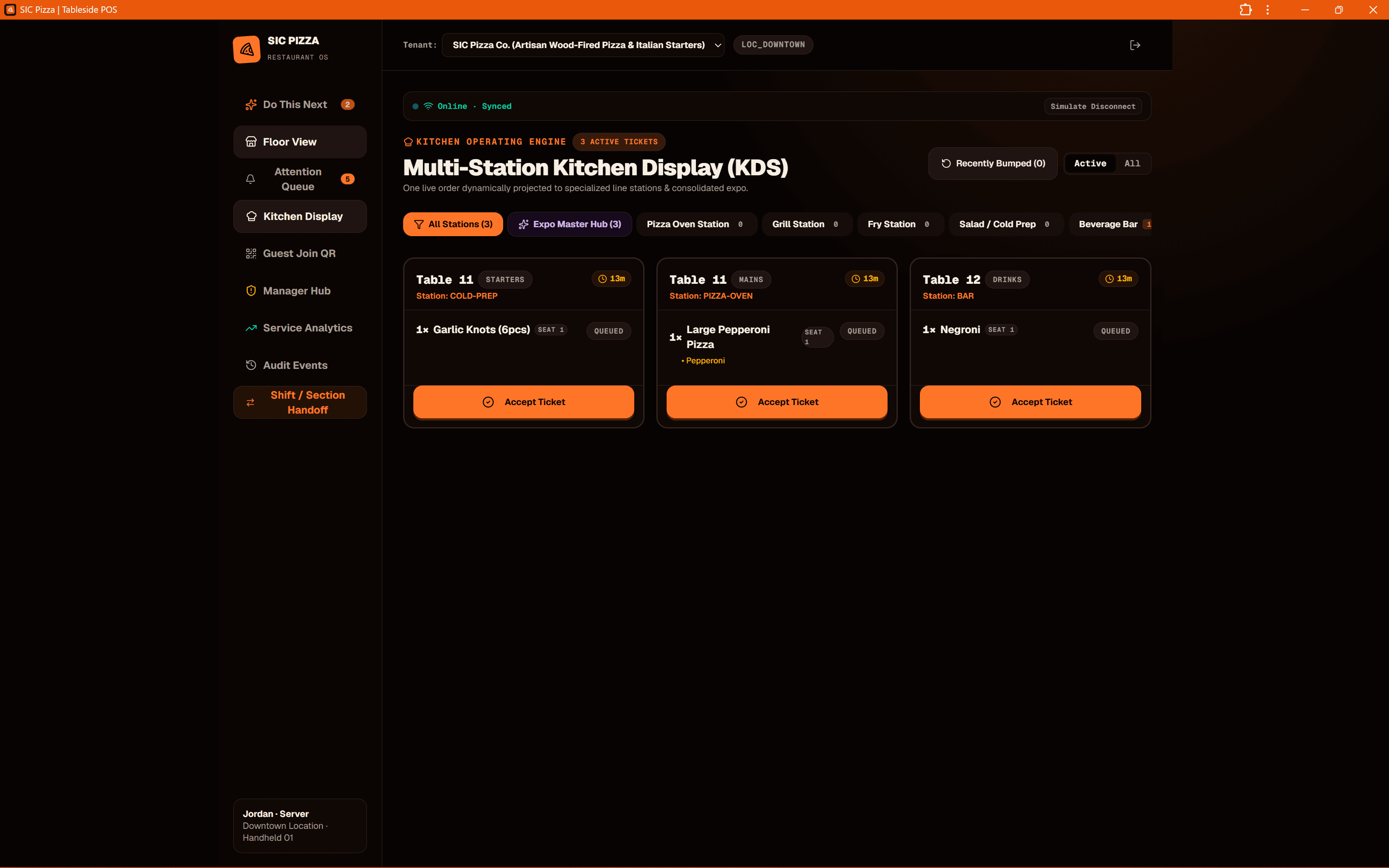 SIC Pizza POS kitchen display screen tracking order tickets, pizza oven timings, and recipe modifiers