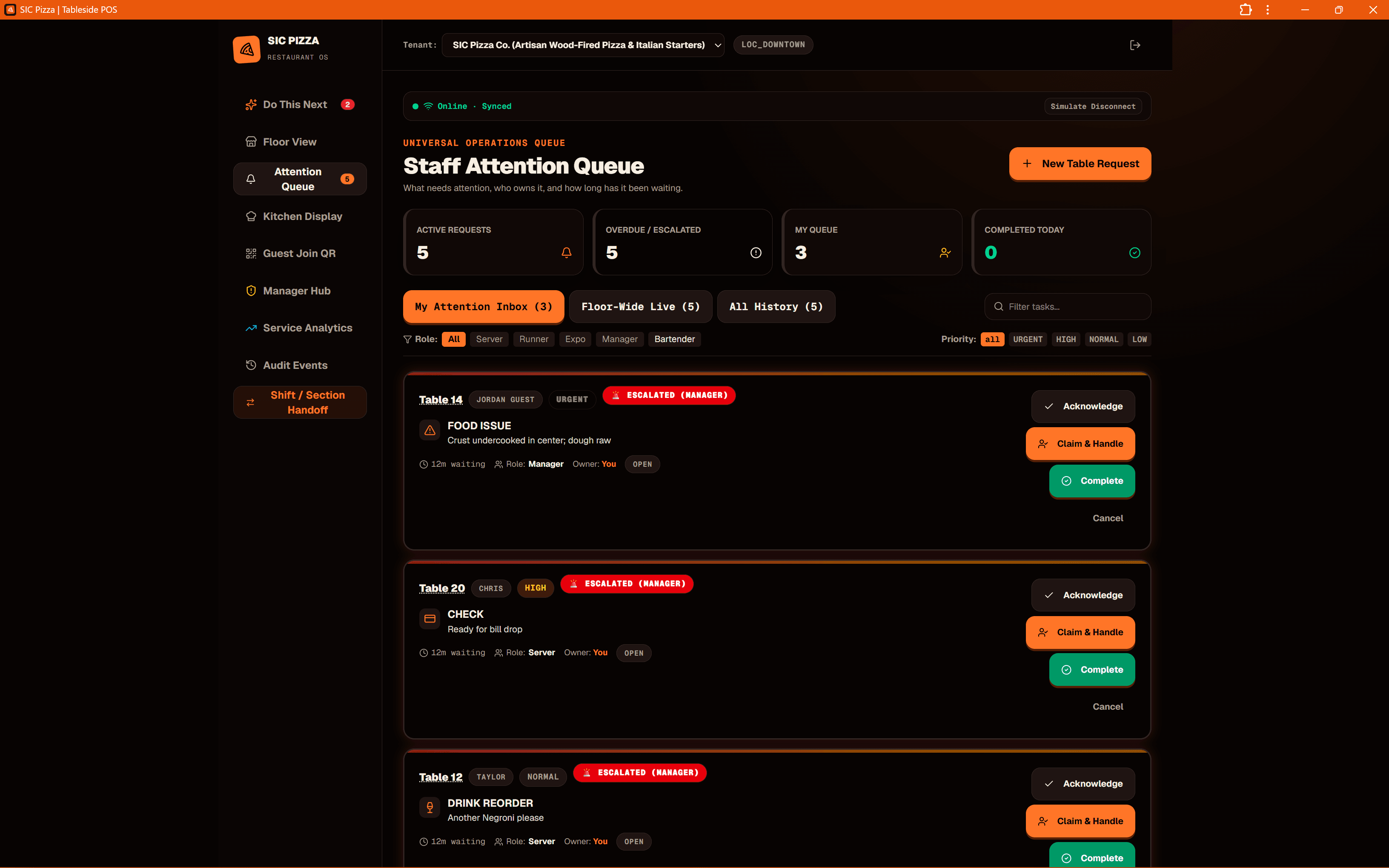 SIC Pizza POS order queue showing staged courses, pizza ticket details, and kitchen routing