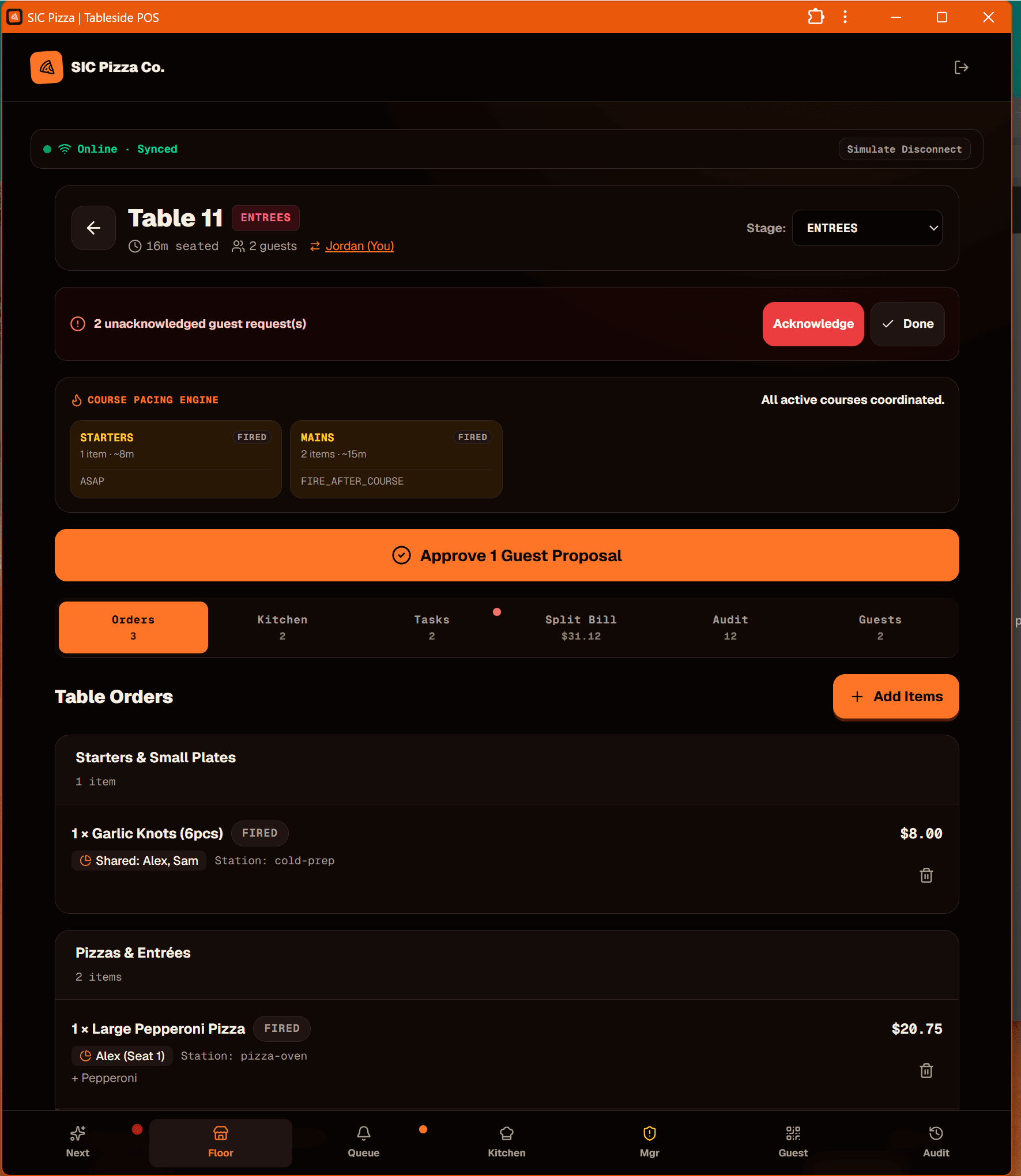SIC Pizza POS tablet interface showing pizza builder and tableside order workflow