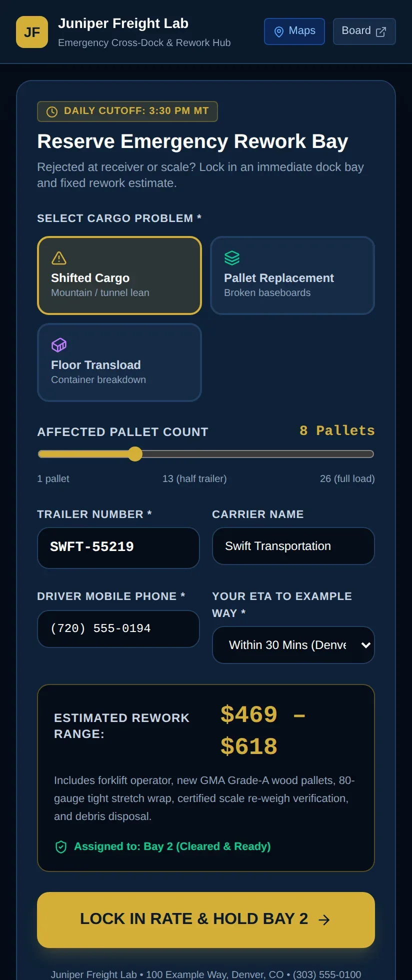 Reserve Emergency Rework Bay form with problem type, pallet count slider, trailer, carrier, ETA and an estimated range of $469 to $618