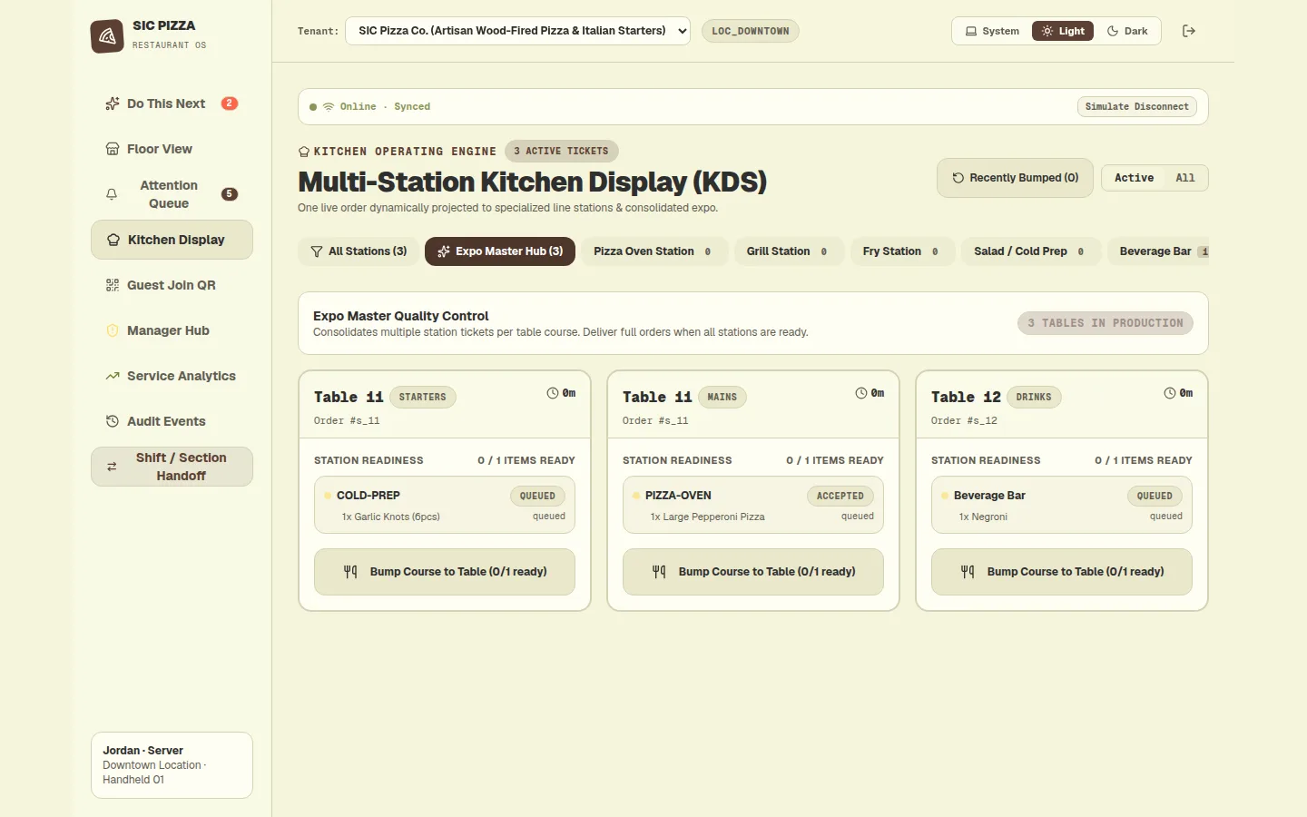 Desktop expo hub grouping station tickets by table course with items ready counts and bump buttons