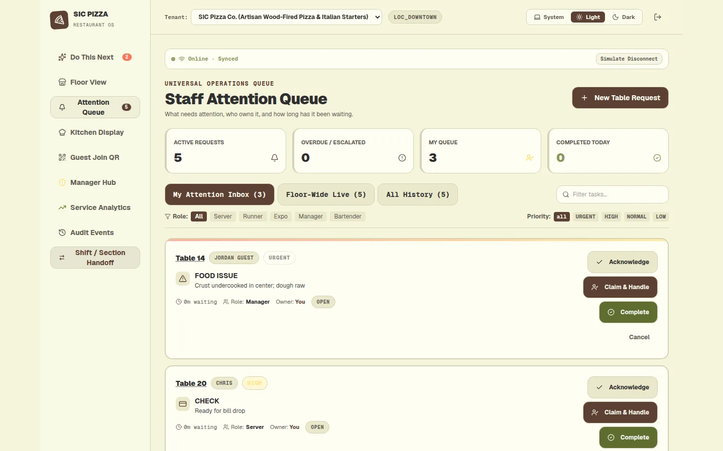 Desktop staff attention queue listing guest requests with roles, owners, waiting times and action buttons