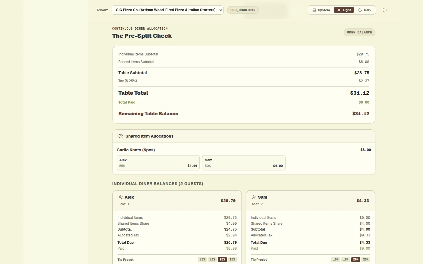Desktop split bill tab showing table total, a shared starter split between two diners and each diner's balance