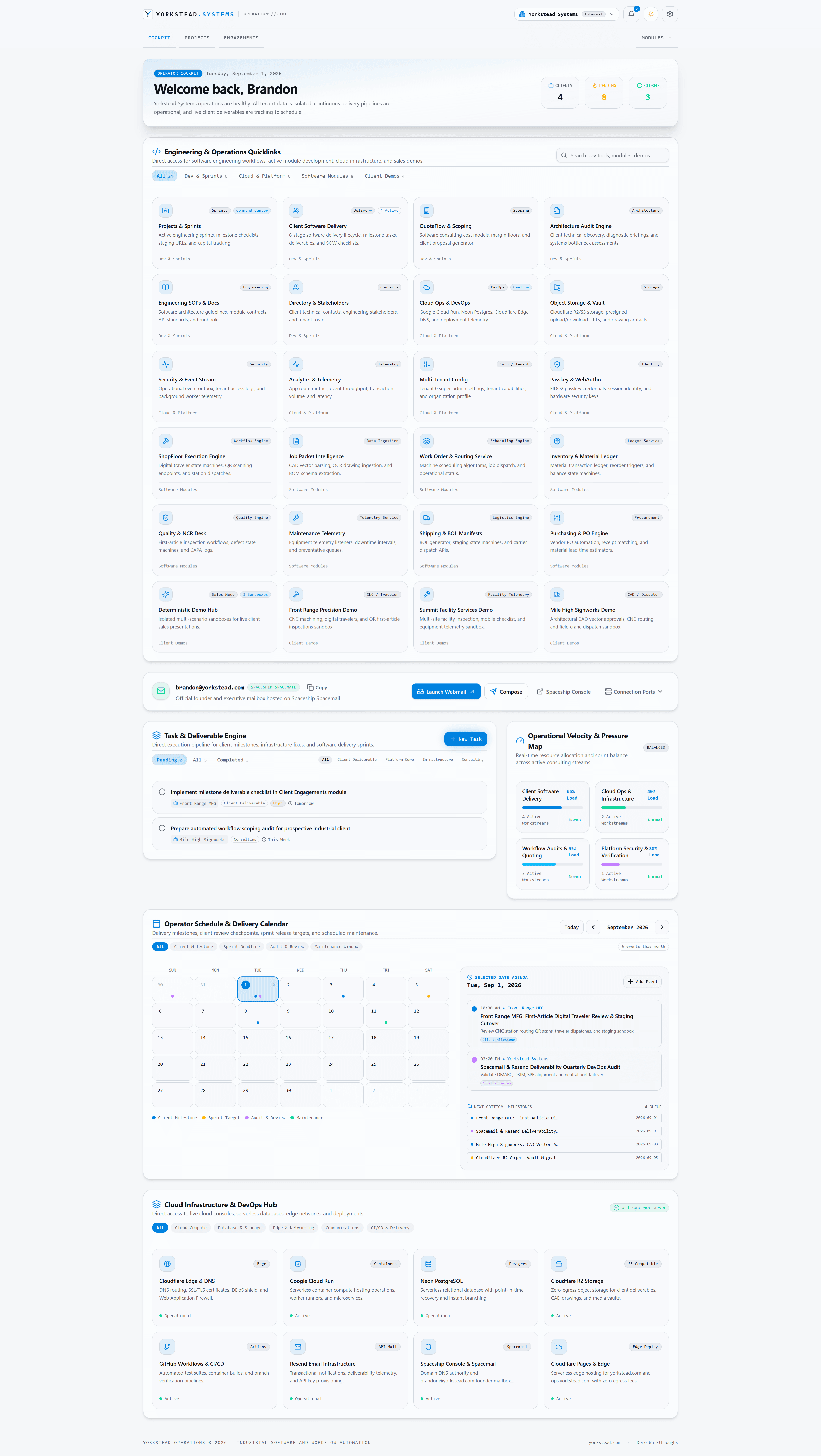 Yorkstead Operations executive cockpit with delivery tasks, calendar, module quicklinks, and infrastructure status