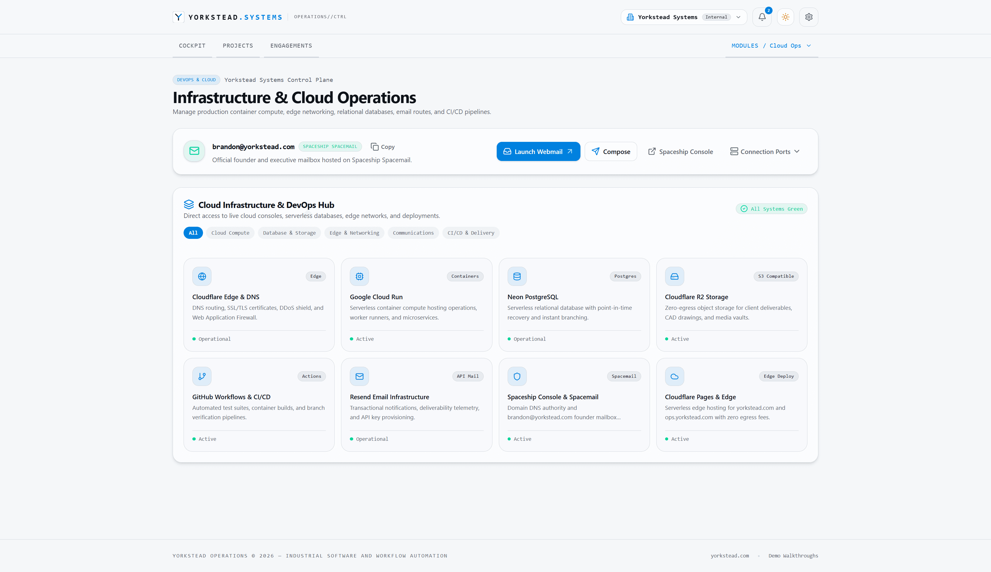 Infrastructure and cloud operations hub with service status cards