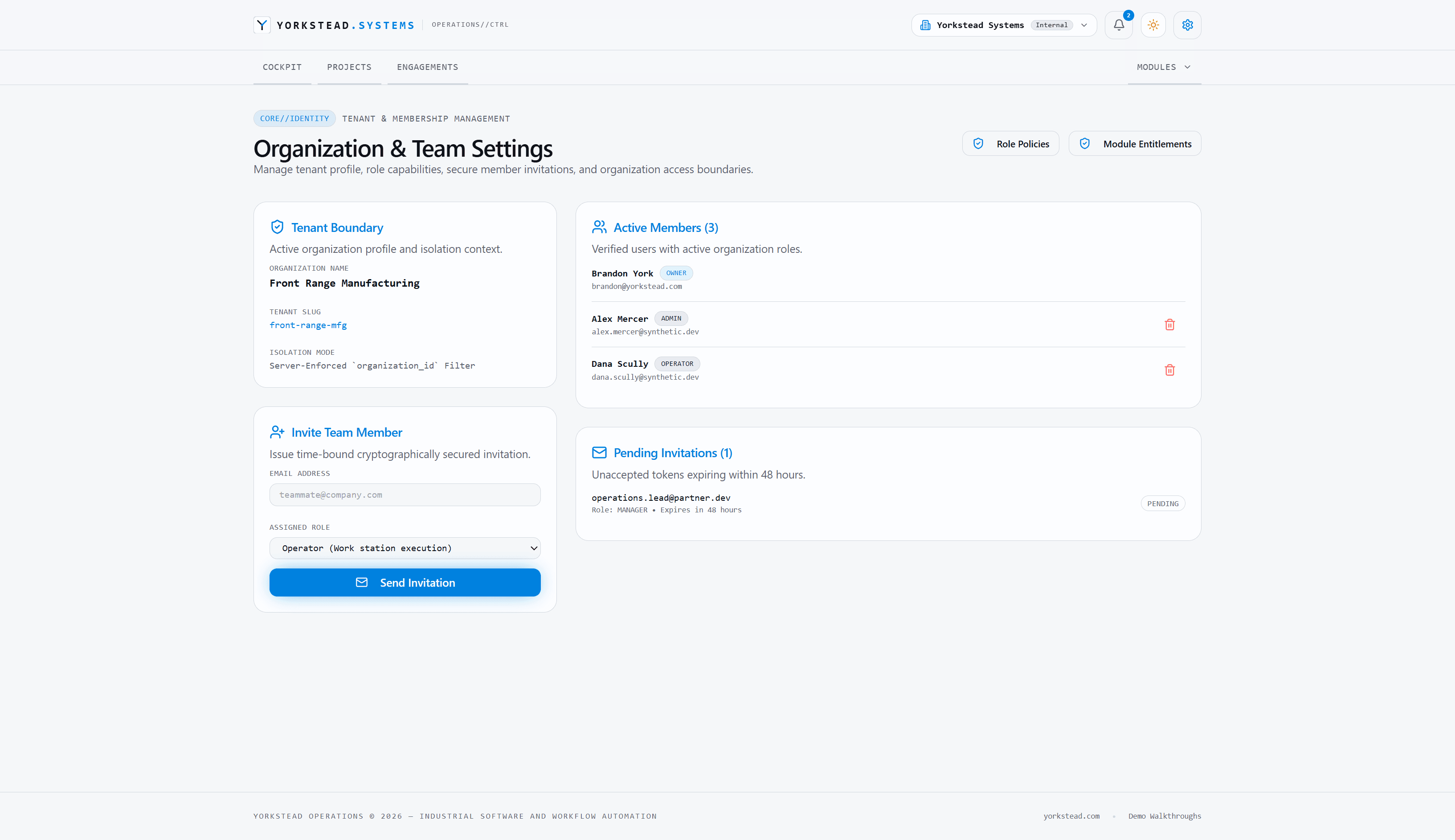 Organization and membership administration screen